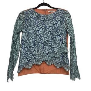 Carven Lace Long Sleeve Top Size 34 US 2 Blue Teal Overlay Peach Lining Back Zip